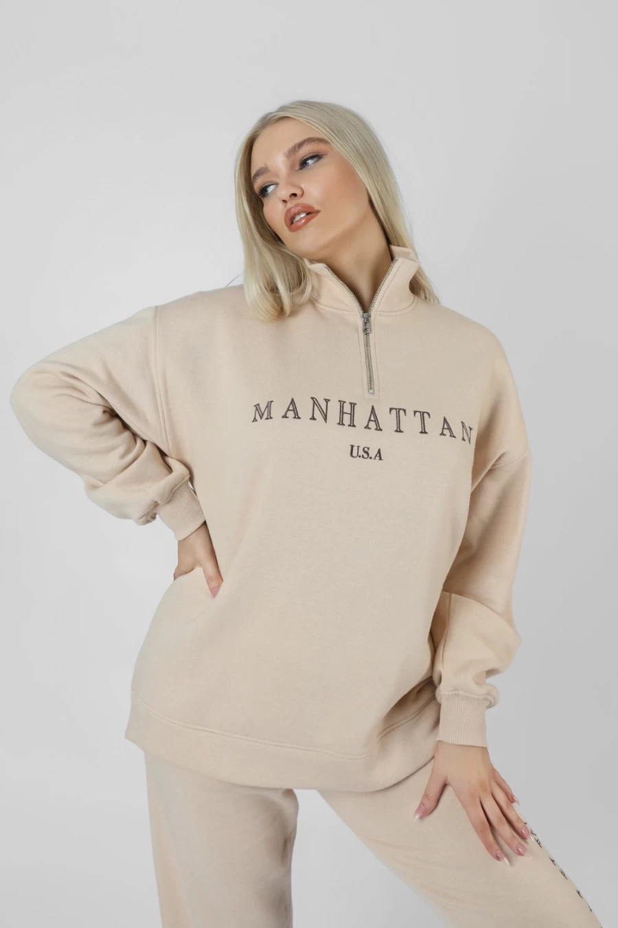 Women's Stone Half Zip Pullover Sweatshirt by Public Desire