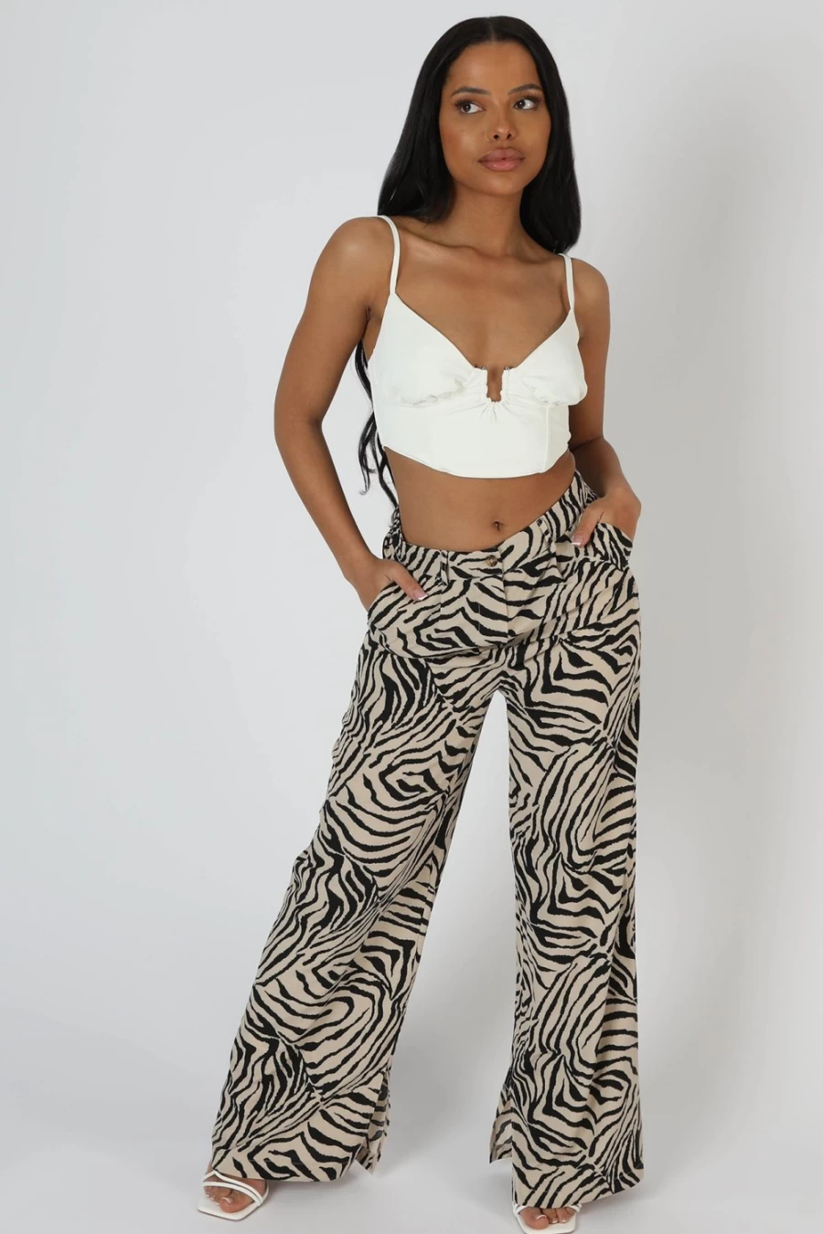 Women's Stone Zebra Print Tailored Trousers by Public Desire