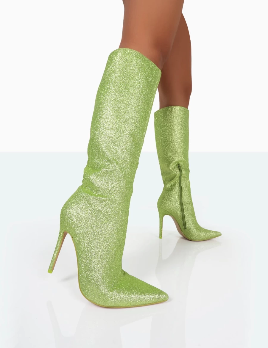 Public Desire Women's Lime Green Glitter Pointed Toe Stiletto Knee High Boots