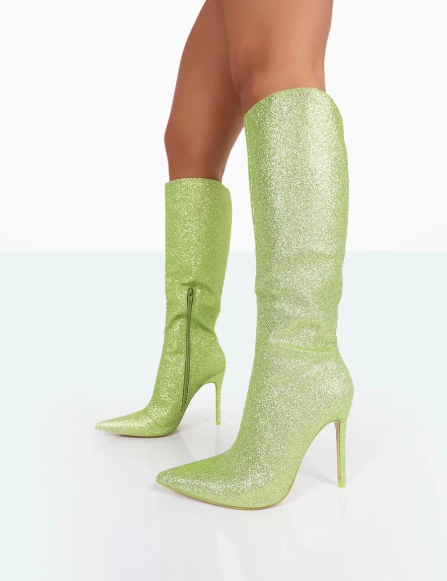 Public Desire Women's Lime Green Glitter Pointed Toe Stiletto Knee High Boots