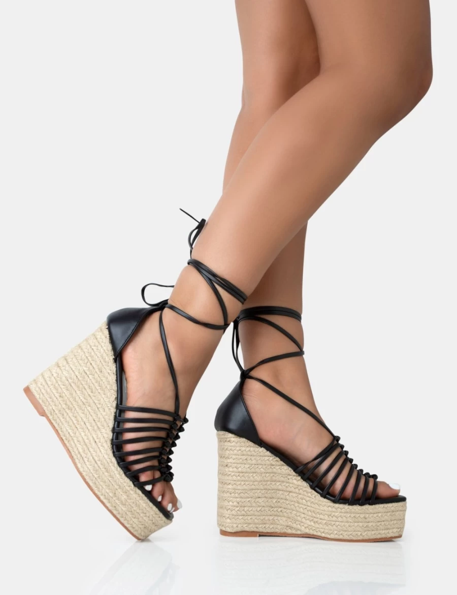 Public Desire Women's Black Reece PU Knot Strap Lace Up Raffia Wedge Heels
