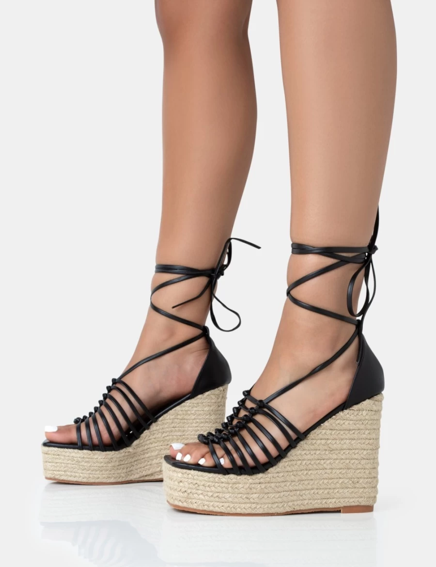Public Desire Women's Black Reece PU Knot Strap Lace Up Raffia Wedge Heels