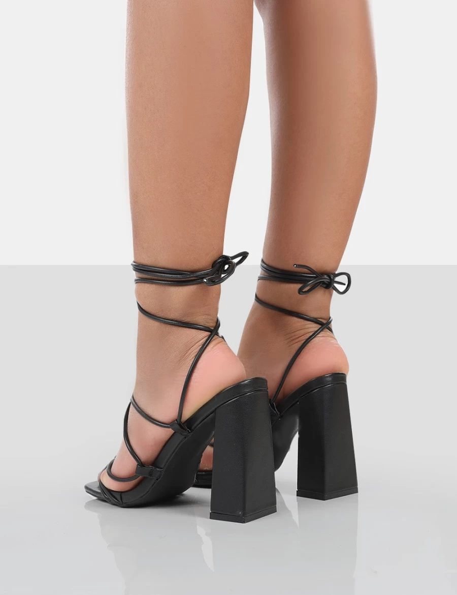 Public Desire Women's Black Coco Grain Square Toe Strappy Lace Up Block Heel Sandals
