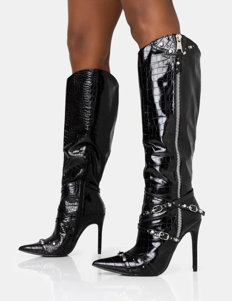 Public Desire Women's Black Croc-Embossed Pointed Toe Stiletto Knee High Boots with Zip Detail
