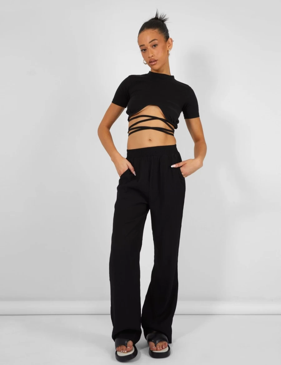 "Public Desire Women's Black Crinkle Elastic Waist Wide Leg Trousers"