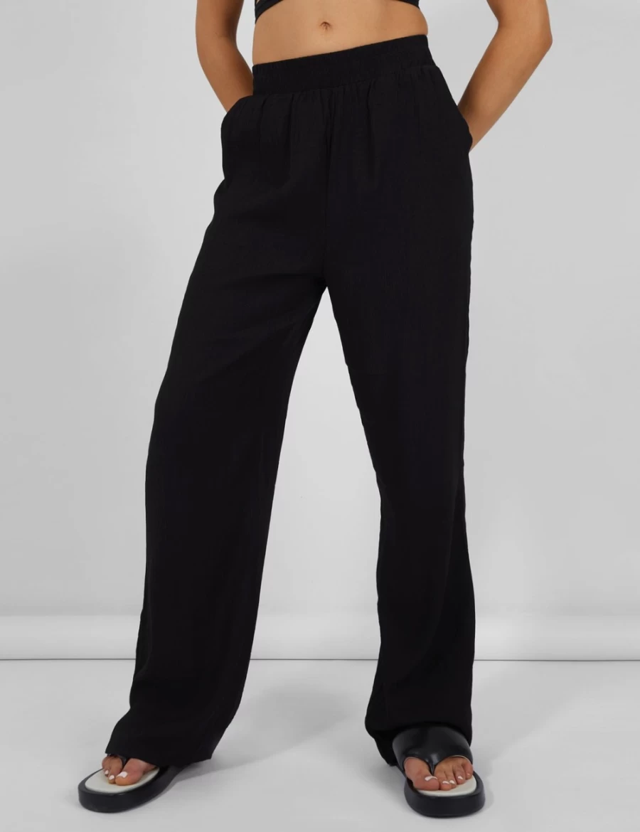 "Public Desire Women's Black Crinkle Elastic Waist Wide Leg Trousers"