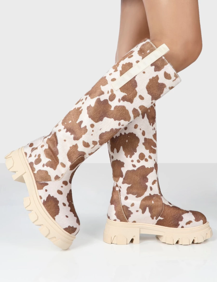 Public Desire Women's Amber X Genius Cow Print Chunky Platform Knee High Boots in Multi