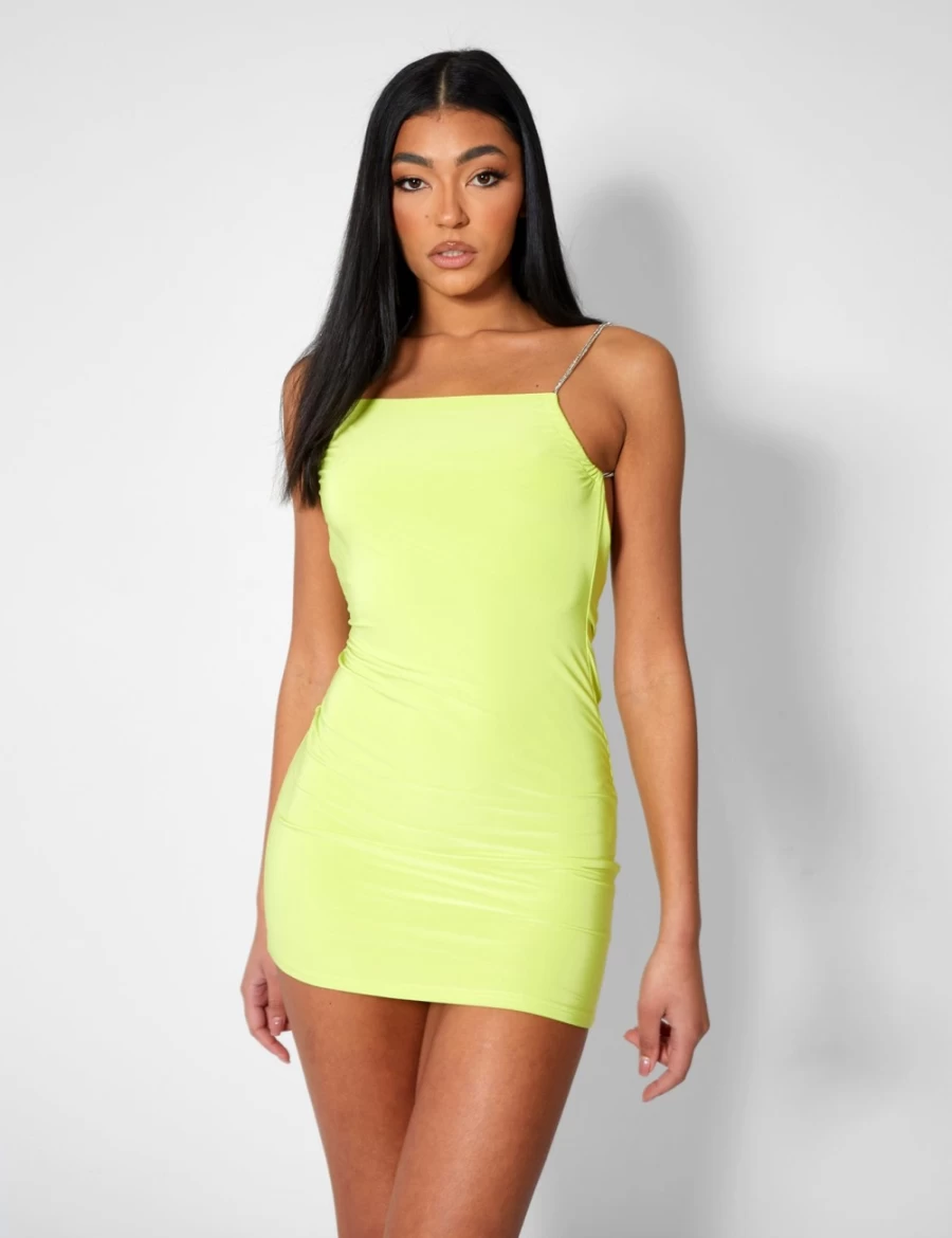 Public Desire Women's Lime Diamante Extreme Strap Slinky Mini Dress