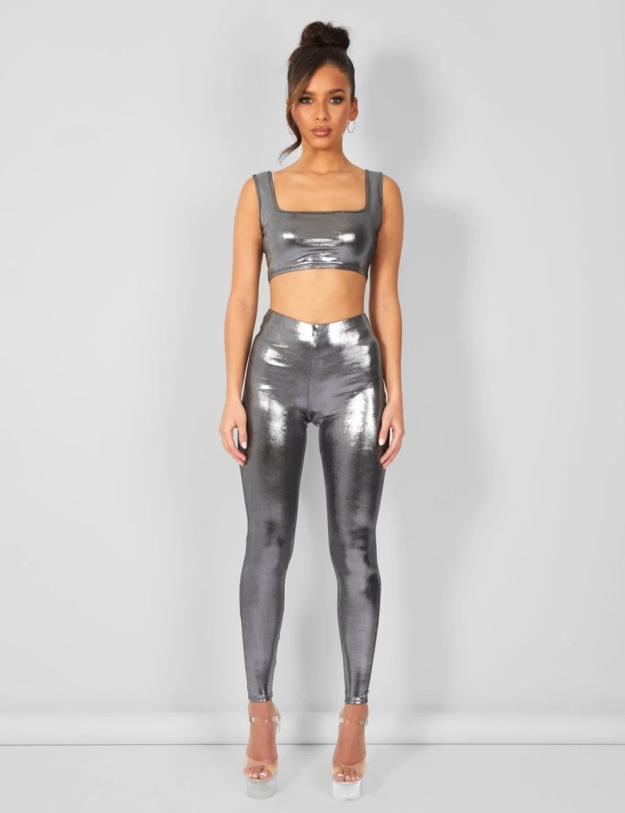 "Public Desire Women's Silver Metallic Crop Top | Stylish Shiny Fashion Top"