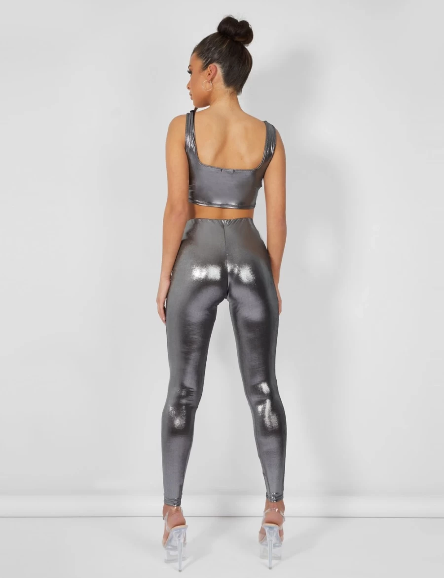 "Public Desire Women's Silver Metallic Crop Top | Stylish Shiny Fashion Top"