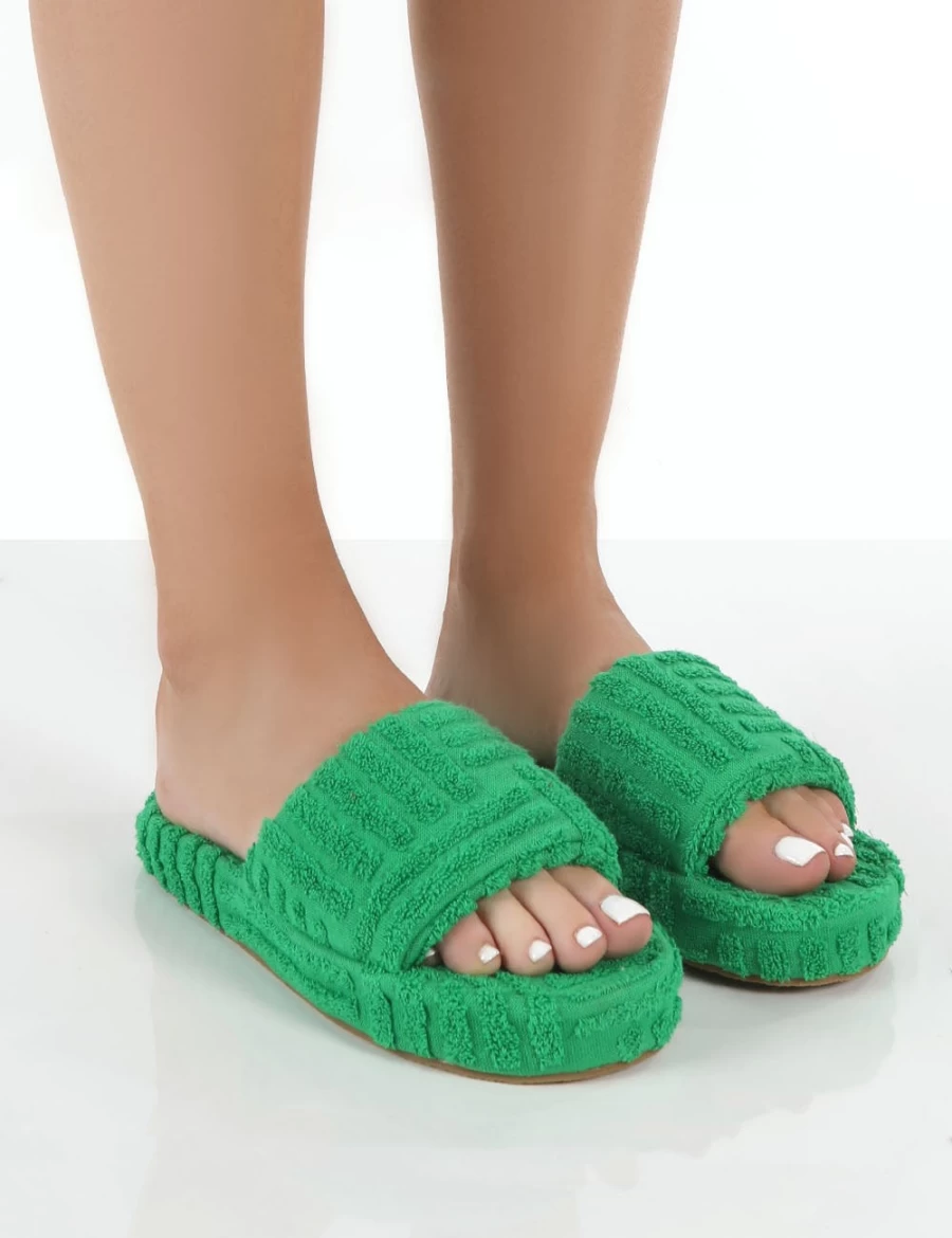 Women's Green Terry Cloth Slider Slippers by Public Desire - Juicy Comfort