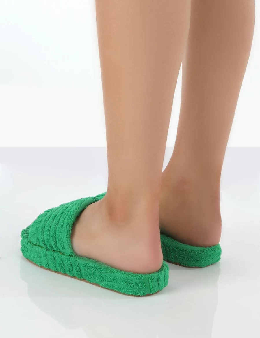 Women's Green Terry Cloth Slider Slippers by Public Desire - Juicy Comfort