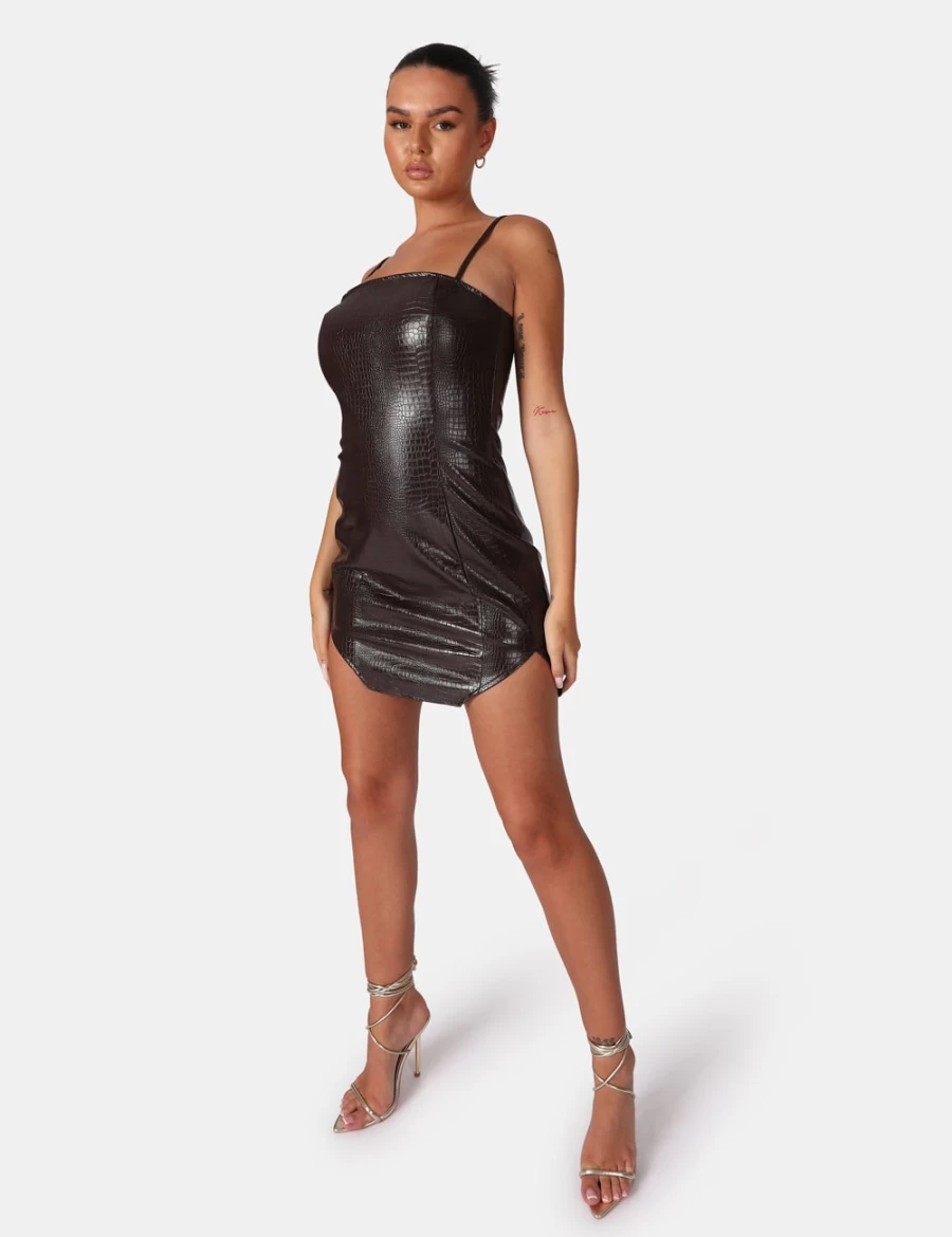 Public Desire Women's Chocolate Square Neck Croc Hem Cut Out Mini Dress