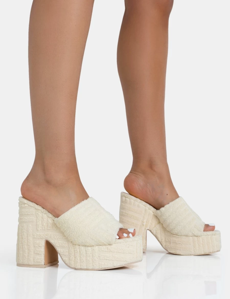 Public Desire Women's Ecru Wavez Terry Towelling Platform Block Heel Mules Round Toe Slides