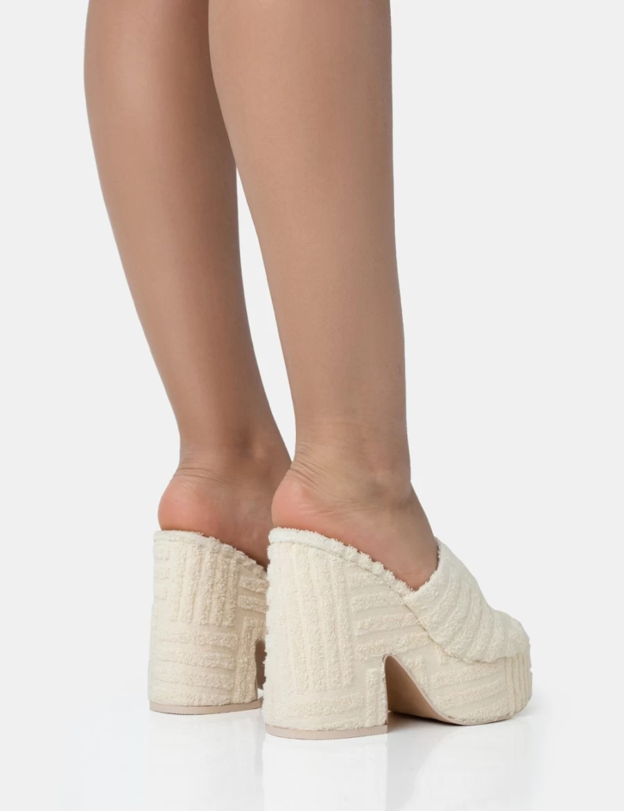 Public Desire Women's Ecru Wavez Terry Towelling Platform Block Heel Mules Round Toe Slides