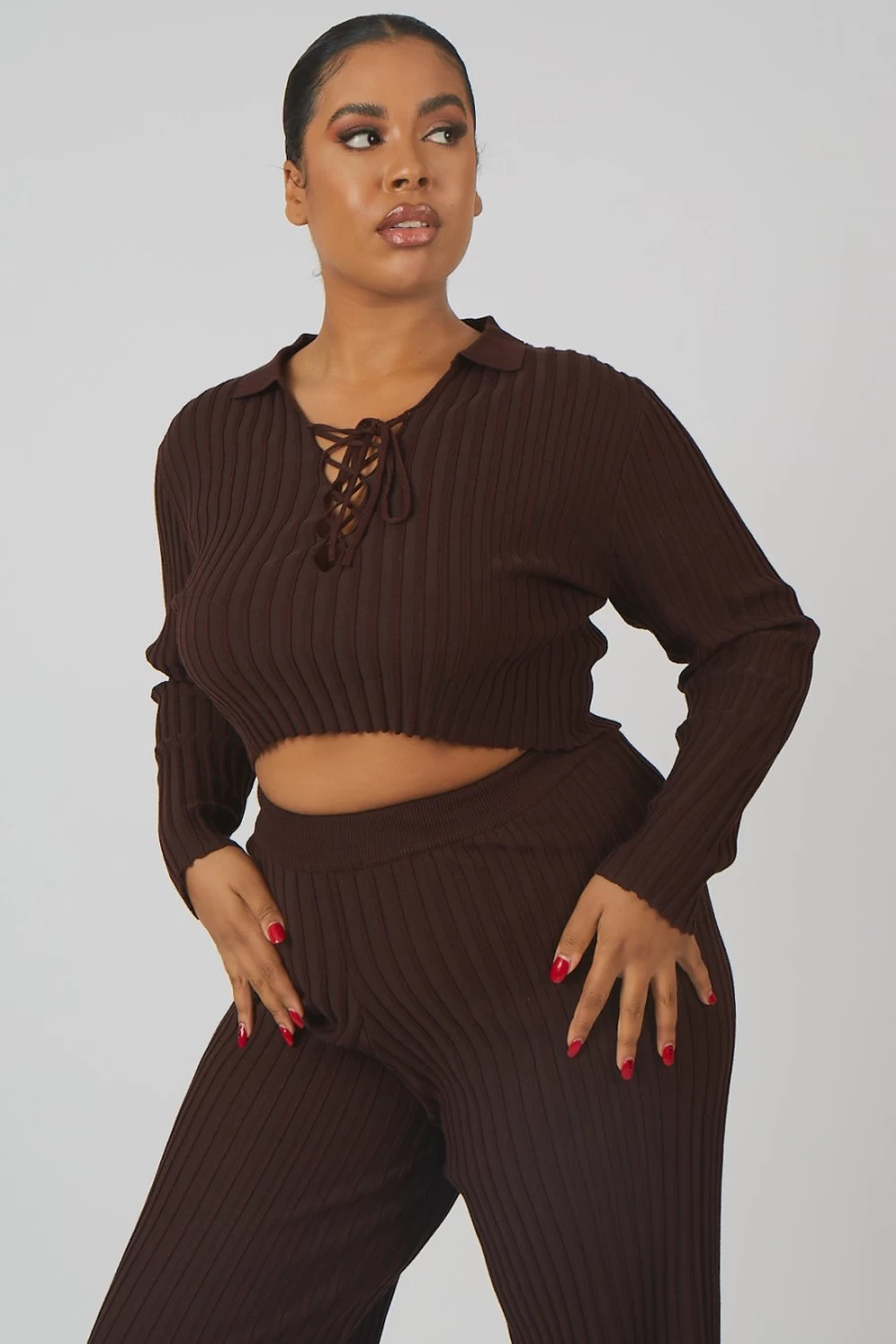 Public Desire Women's Chocolate Ribbed Knit Crop Top with Lace-Up Detail