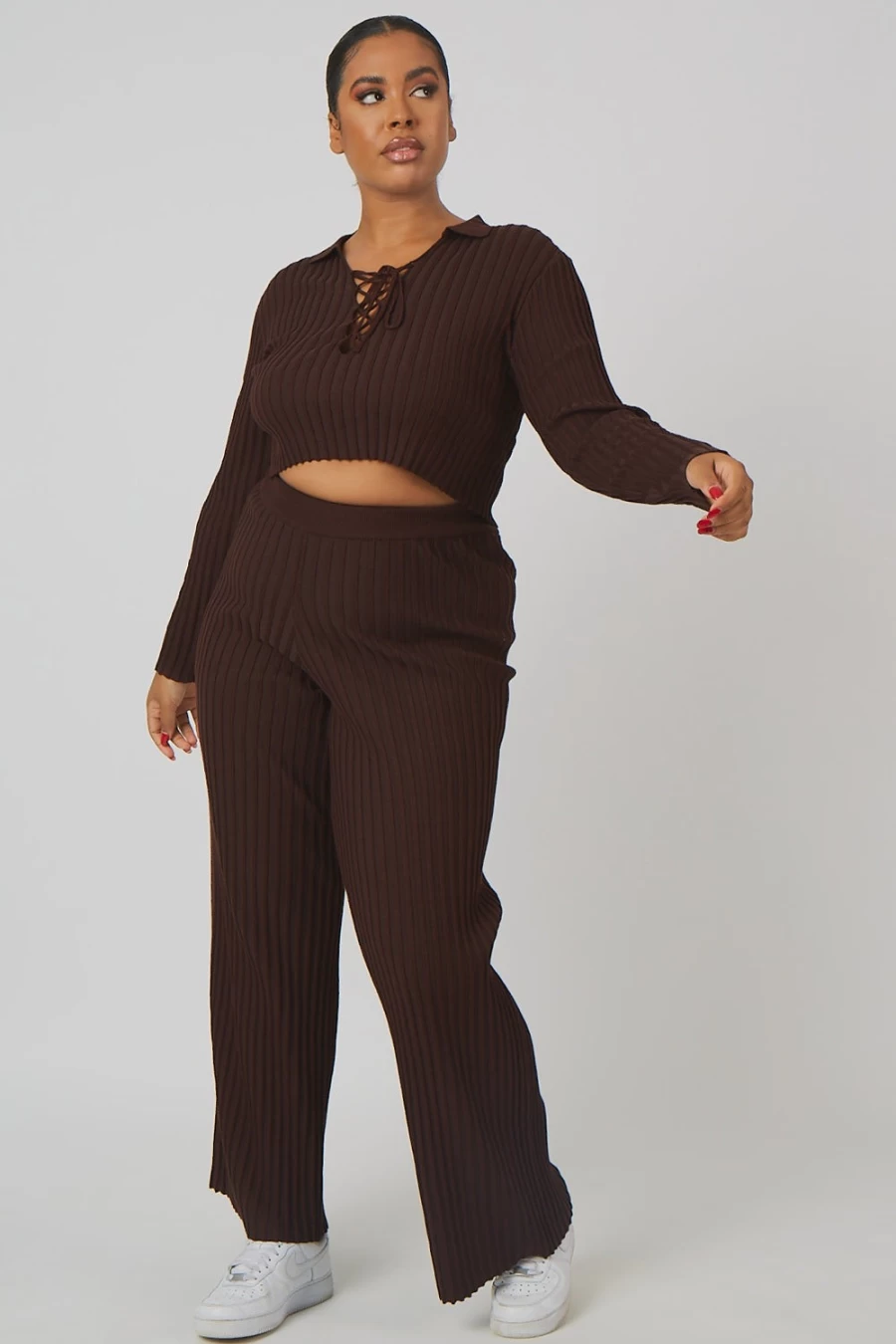 Public Desire Women's Chocolate Ribbed Knit Crop Top with Lace-Up Detail