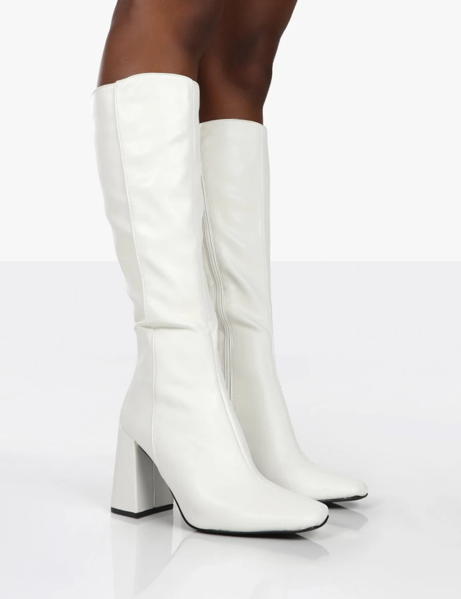 Public Desire Women's White Knee High Block Heel Boots - Apology Style