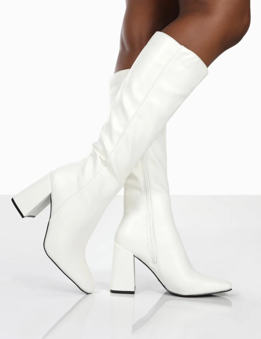 Public Desire Women's White Knee High Block Heel Boots - Apology Style