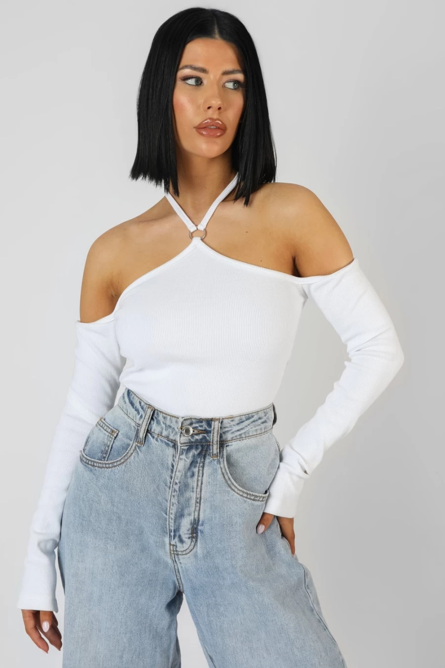 Public Desire Women's Ecru Halterneck Ring Detail Bodysuit - Sexy Cut Out Design Bodycon Jumpsuit