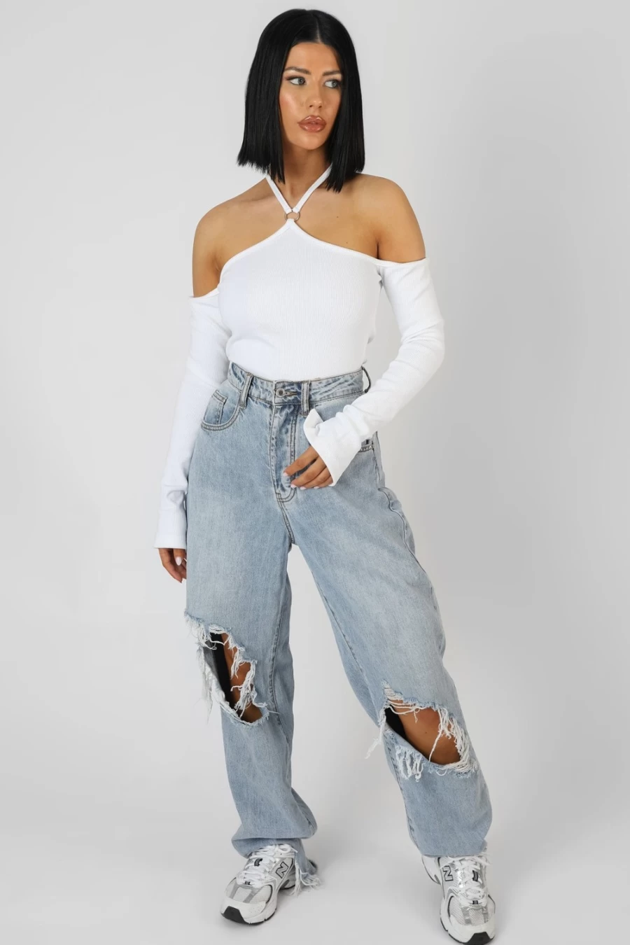 Public Desire Women's Ecru Halterneck Ring Detail Bodysuit - Sexy Cut Out Design Bodycon Jumpsuit