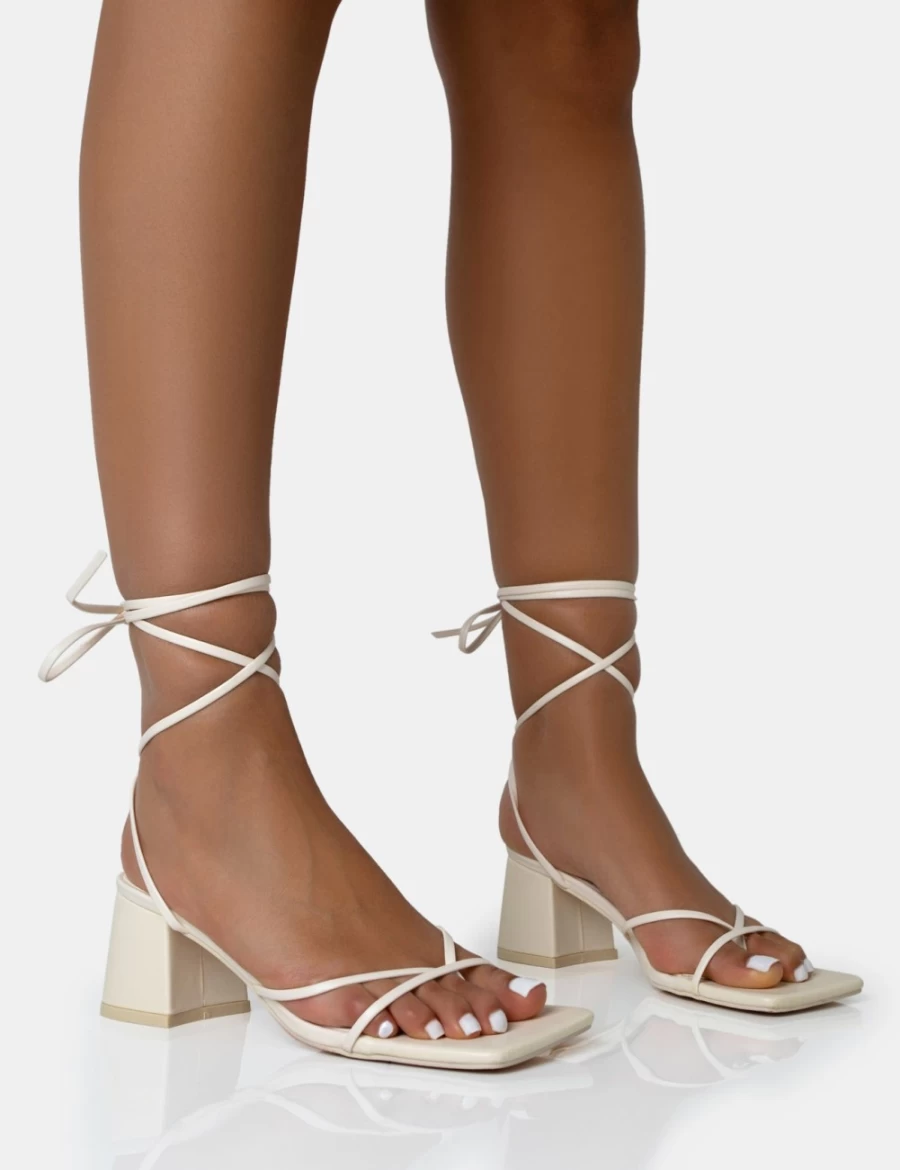 Public Desire Women's Ecru Casey Strappy Lace-Up Sandals with Square Toe & Low Block Heel