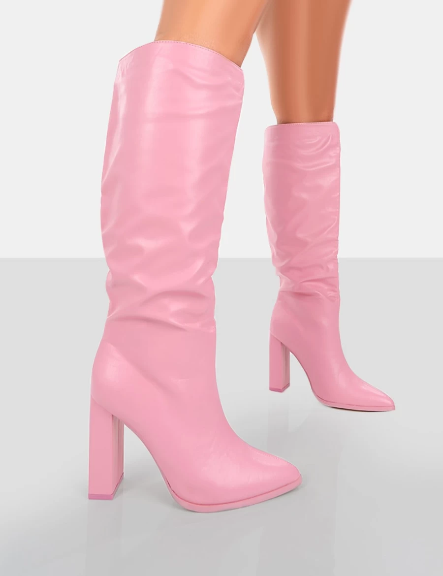 Public Desire Women's Pink Far Away Grain Pu Square Toe Knee High Block Heel Boots