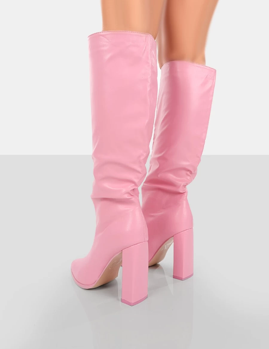 Public Desire Women's Pink Far Away Grain Pu Square Toe Knee High Block Heel Boots