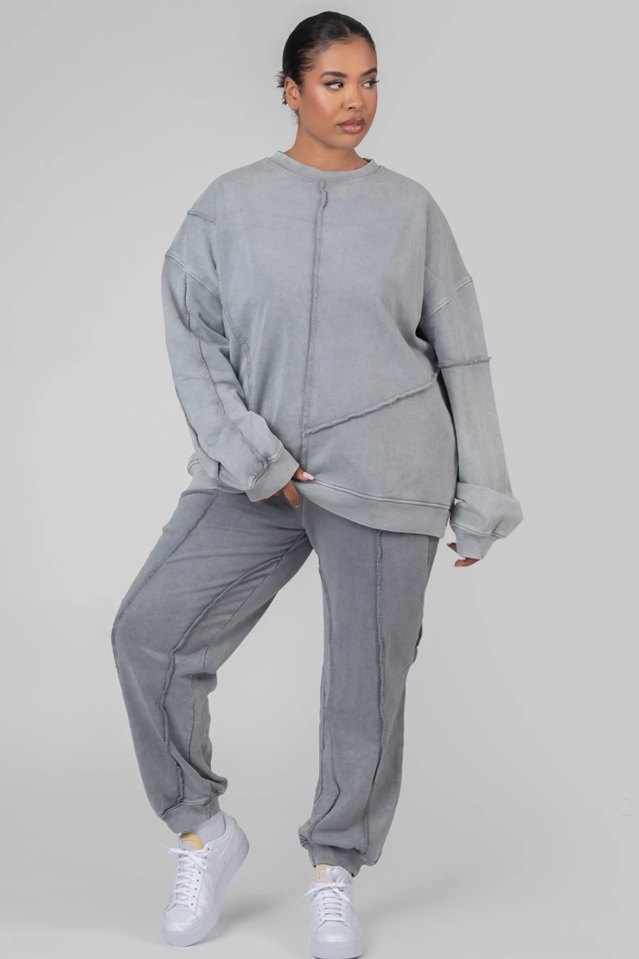 "Public Desire Women's Wash Color Acid Wash Curve Oversized Raw Edge Sweatshirt"