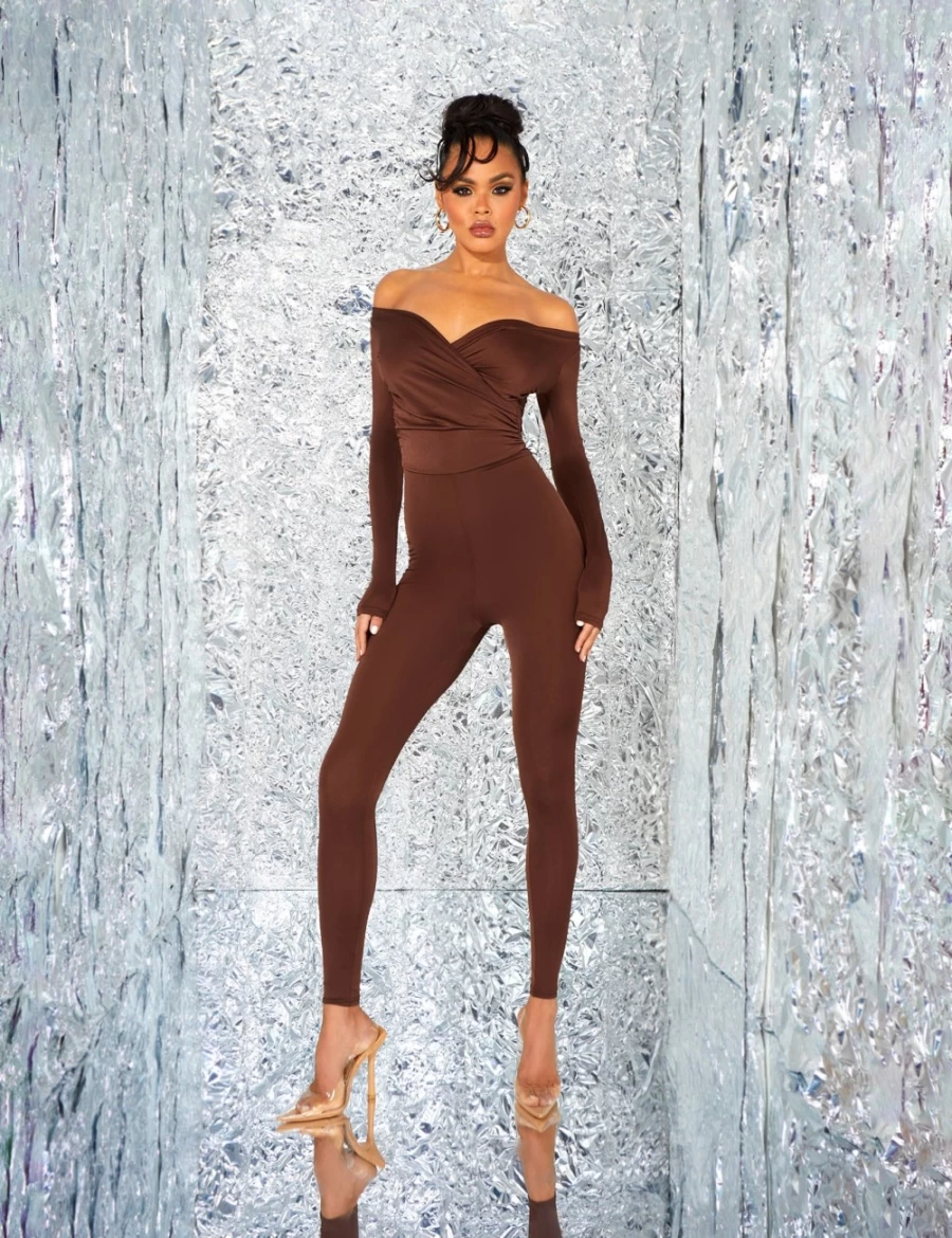 "Public Desire Women's Brown Off Shoulder Ruched Unitard Jumpsuit - Second Skin Fit"