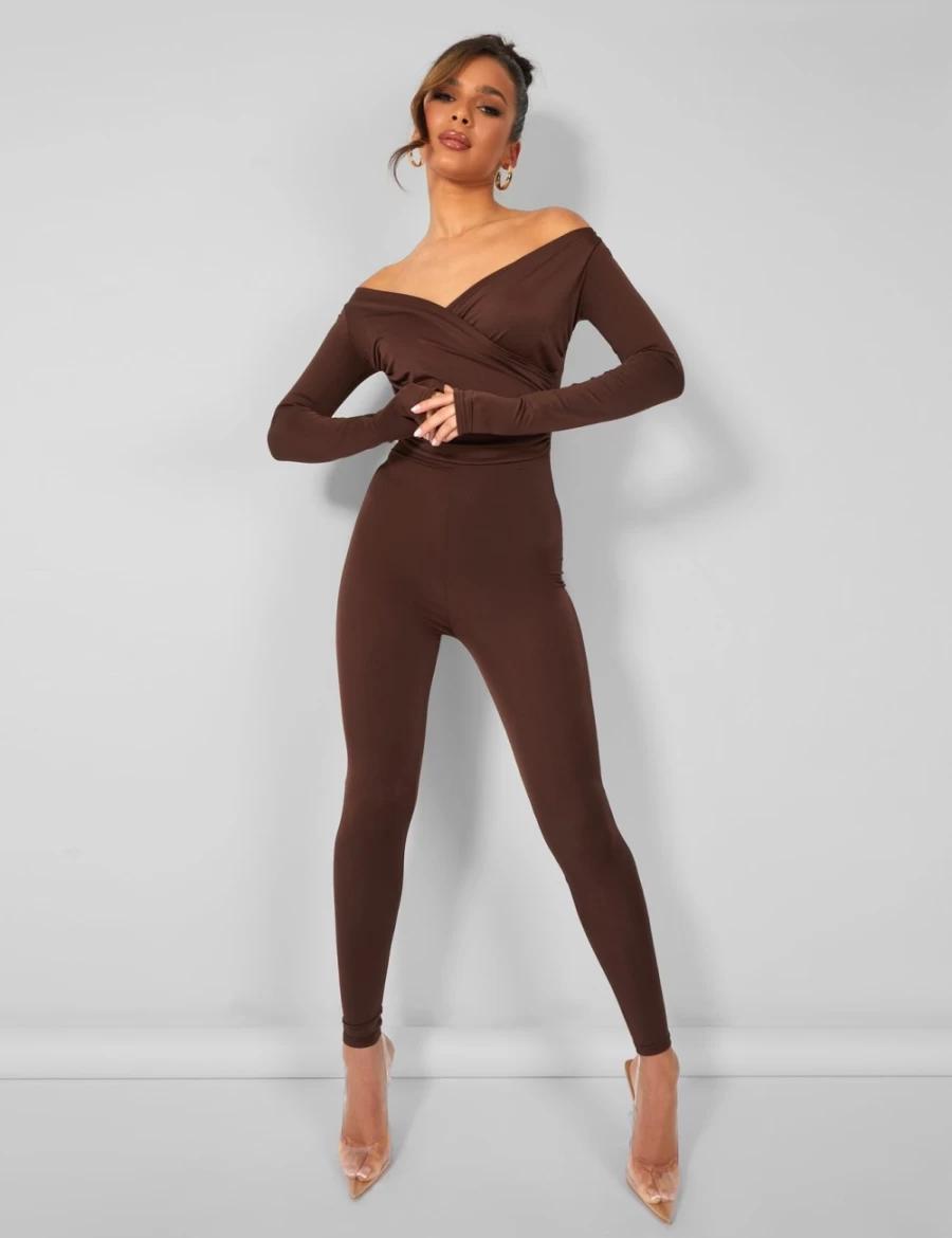 "Public Desire Women's Brown Off Shoulder Ruched Unitard Jumpsuit - Second Skin Fit"