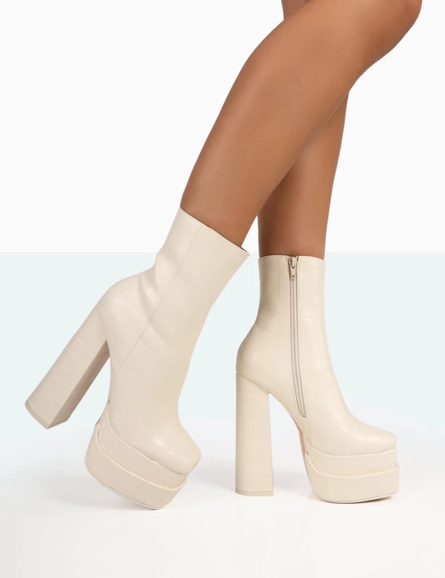 Public Desire Women's Ecru Supine Patent Croc Chunky Heel Platform Ankle Boots