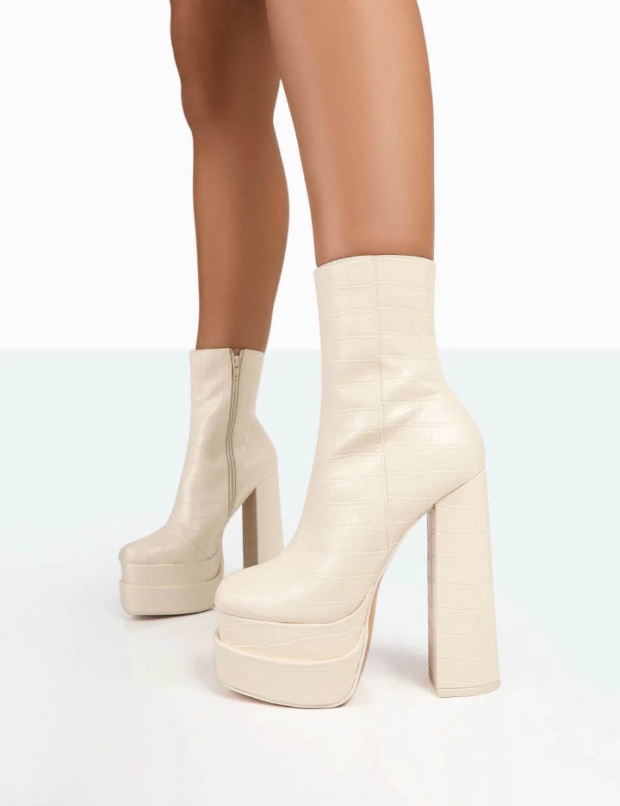Public Desire Women's Ecru Supine Patent Croc Chunky Heel Platform Ankle Boots