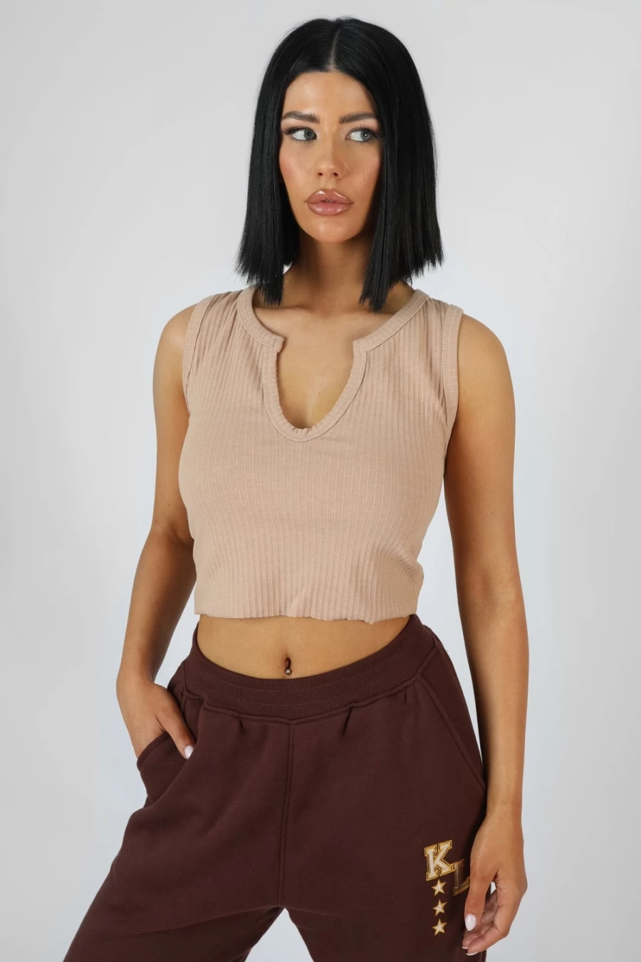 Public Desire Women's Camel V-Neck Sleeveless Ribbed Crop Top
