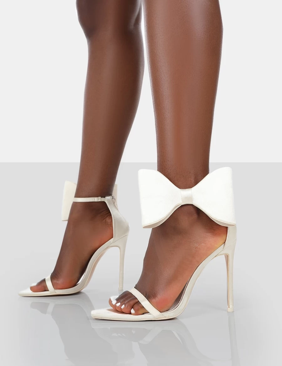 Public Desire Women's White Satin Strappy Heels with Bow Ankle Detail & Stiletto Heel