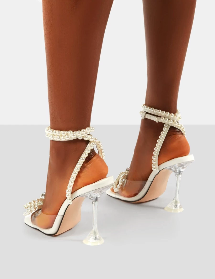 Public Desire Women's White Glimmer Pearl Bow Square Toe Wide Fit Heels - Wrap Around Cake Stand Sandals