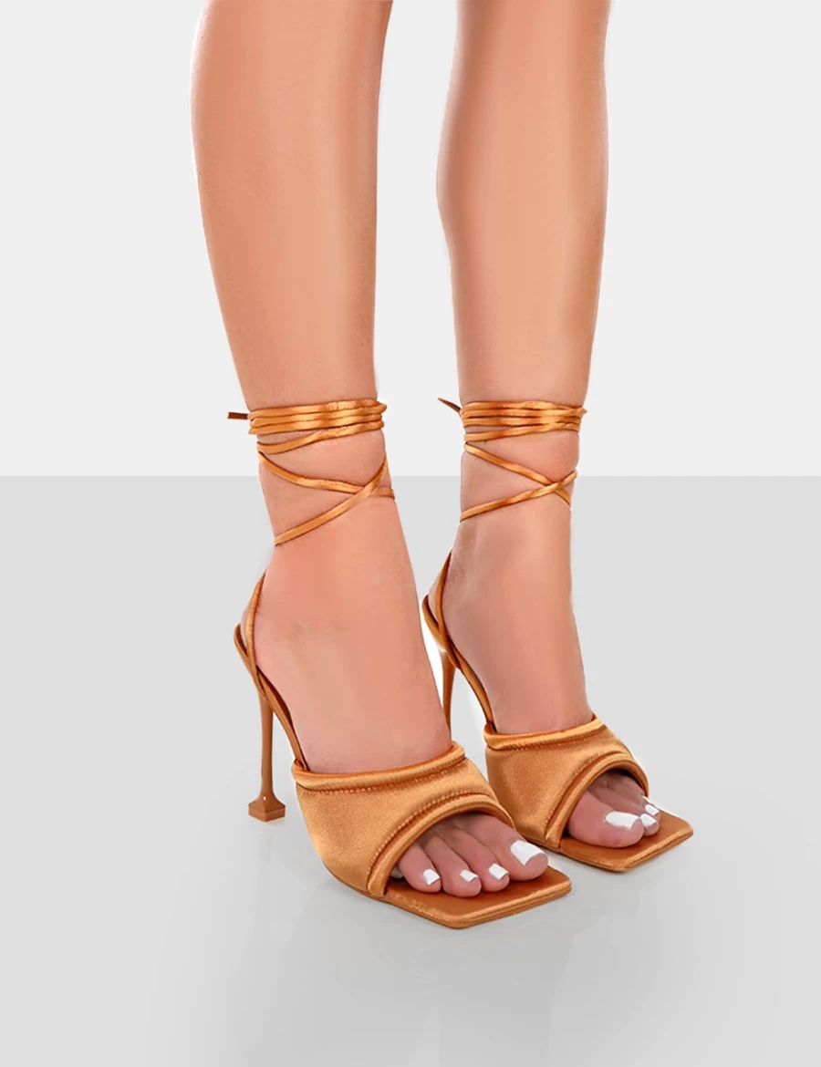 Public Desire Women's Toffee Satin Square Peep Toe Lace Up Stiletto Heels - Gracie Collection