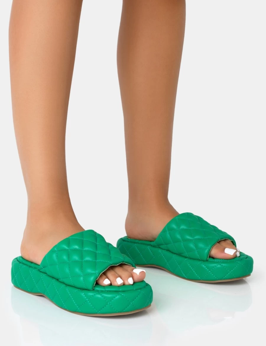 Public Desire Women's Green Mykonos Quilted Flatform Slide Sandals