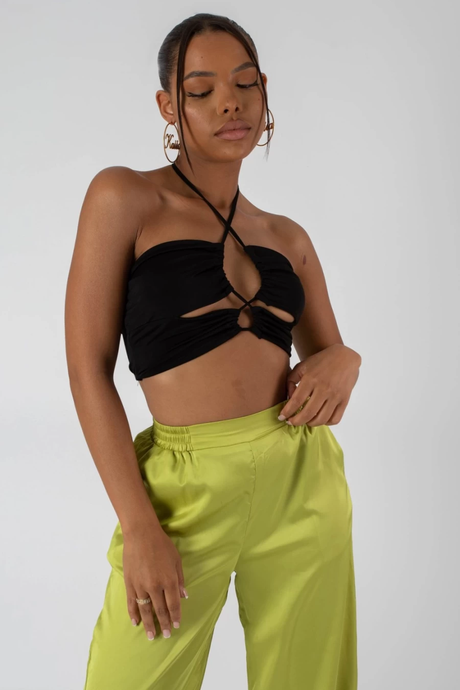 Public Desire Women's Black Slinky Loop Ruching Crop Top