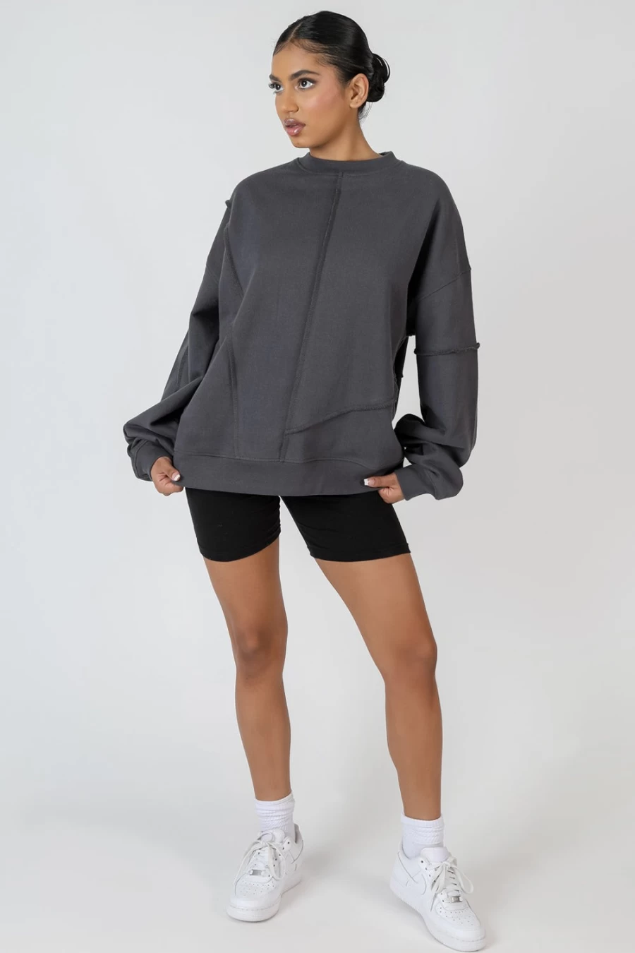 "Public Desire Women's Dark Grey Oversized Sweatshirt with Exposed Seam Detail"