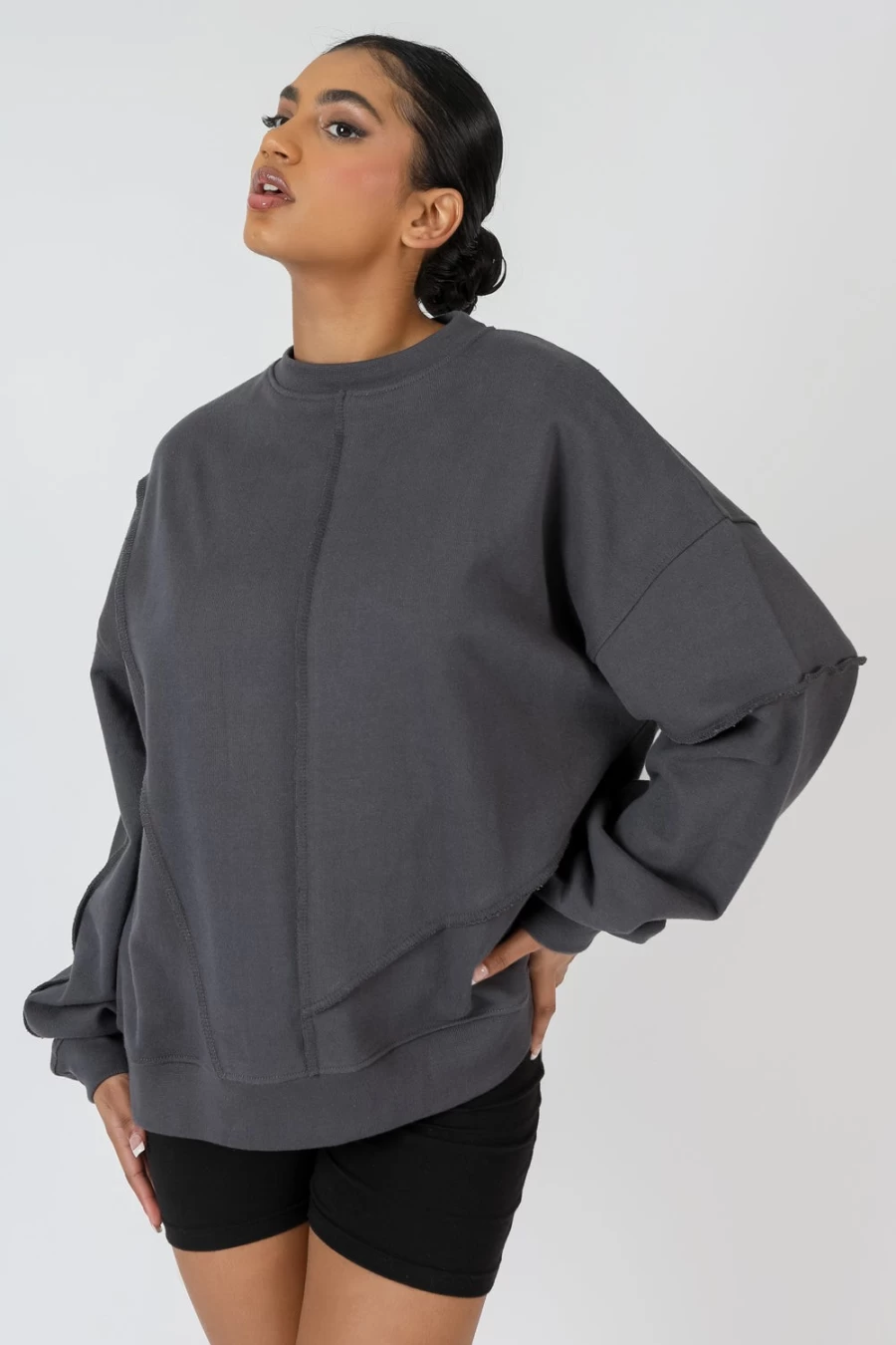 "Public Desire Women's Dark Grey Oversized Sweatshirt with Exposed Seam Detail"