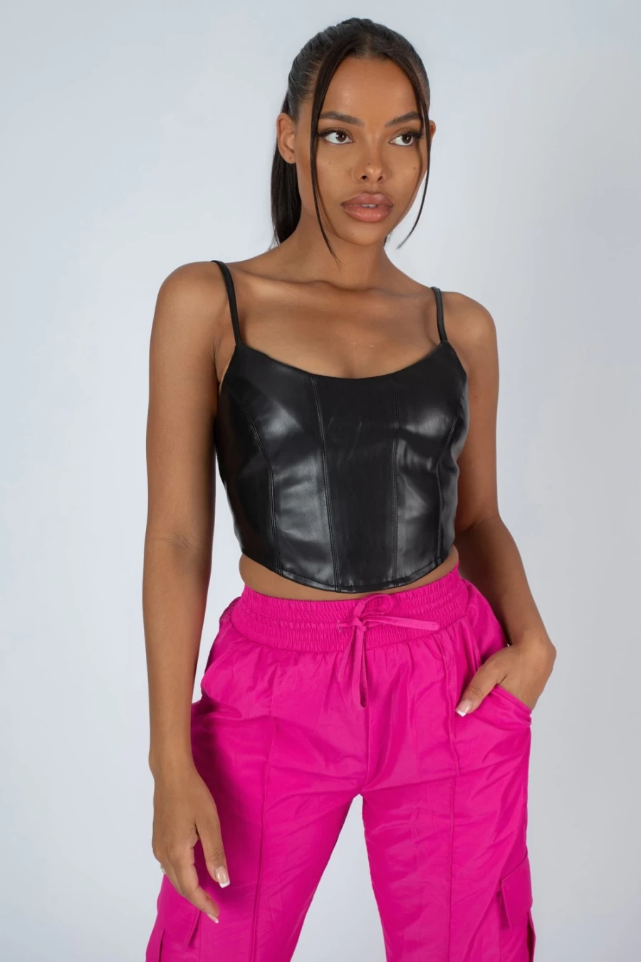 Public Desire Women's Black Seam PU Corset Top - Stylish Faux Leather Bustier