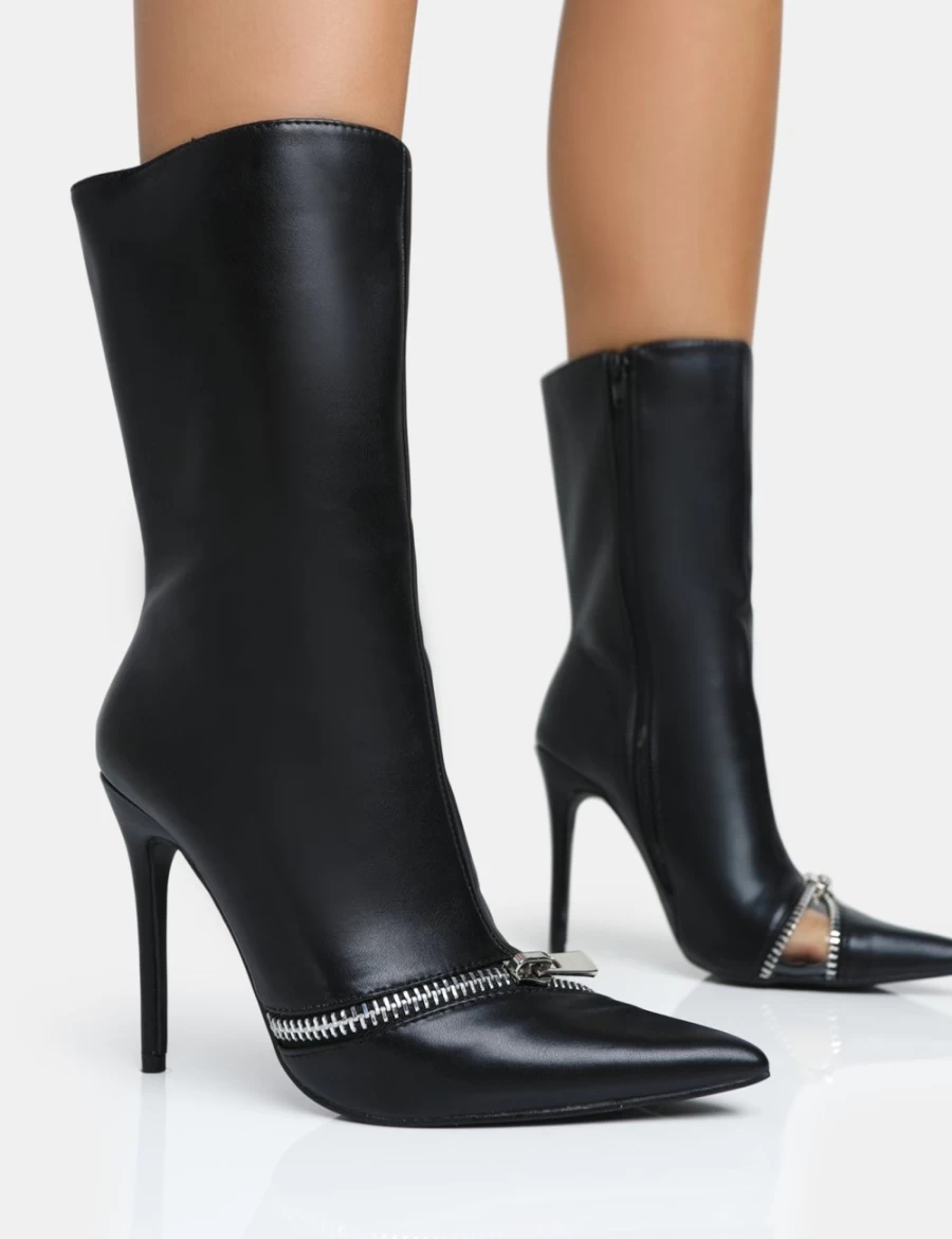 Public Desire Women's Black Pitstop Pointed Toe Stiletto Heel Ankle Boots with Zip Detail