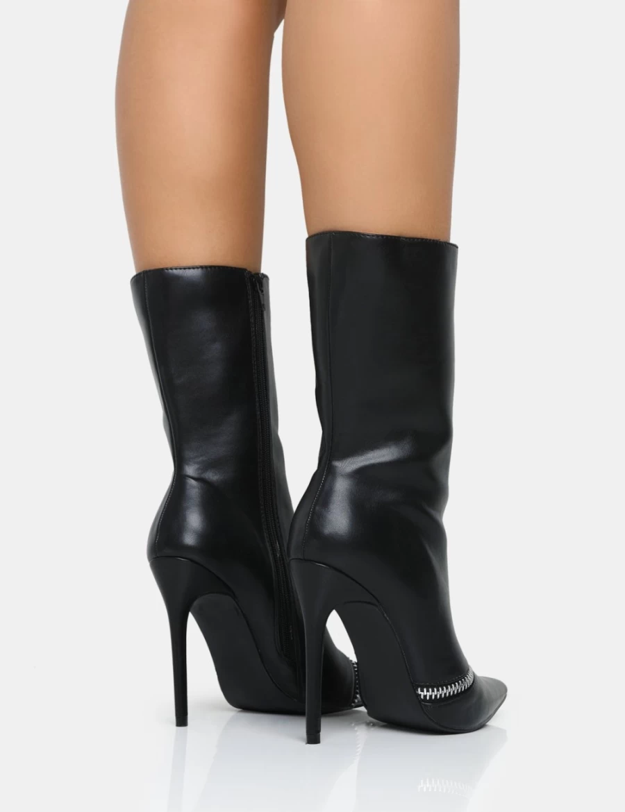 Public Desire Women's Black Pitstop Pointed Toe Stiletto Heel Ankle Boots with Zip Detail