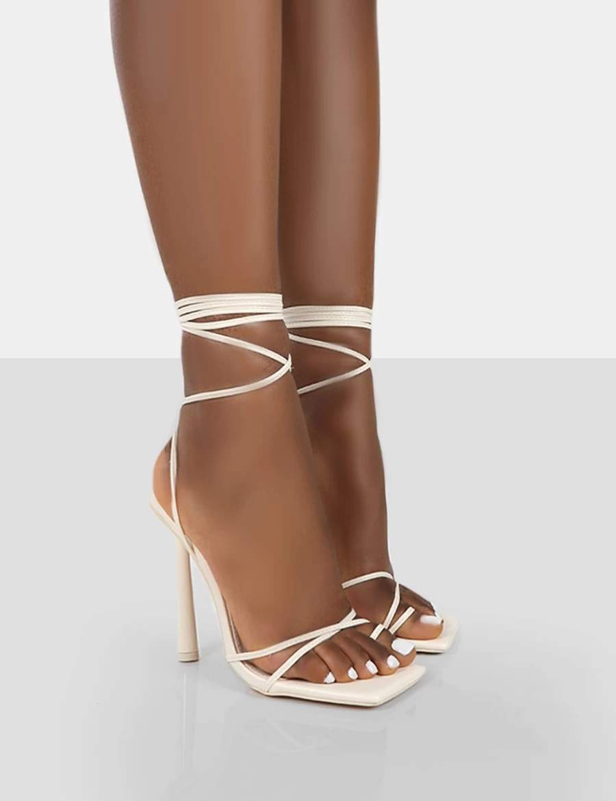 Public Desire Women's Ecru Square Toe Lace Up Stiletto Heels - Chunky High Heel Pumps
