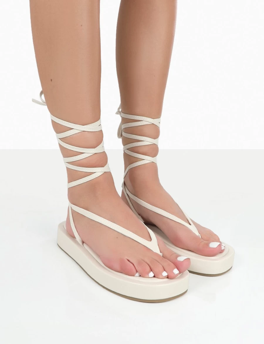 Public Desire Women's Ecru Lace-Up Flatform Thong Sandals - Beach Babe Summer Shoes