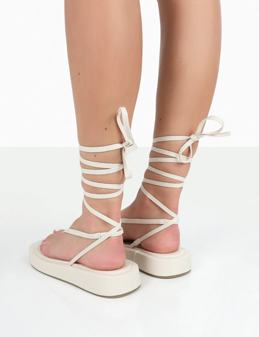Public Desire Women's Ecru Lace-Up Flatform Thong Sandals - Beach Babe Summer Shoes