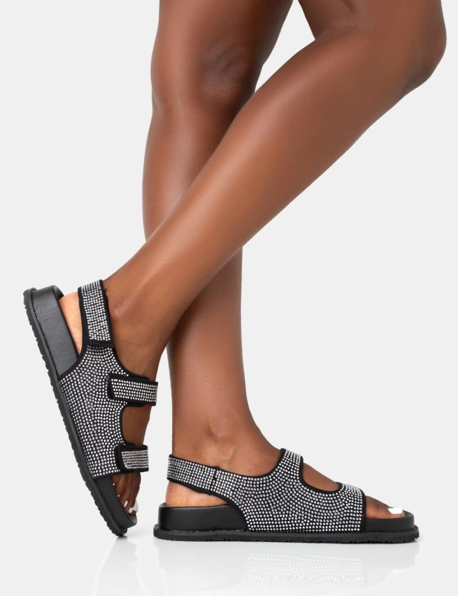 Public Desire Women's Black Diamante Double Strap Dad Sandals - Glam Chunky Platform