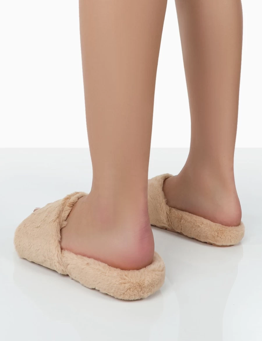 "Public Desire Women's Namaste Beige Fluffy Faux Fur Slippers – Cozy Comfort House Shoes"