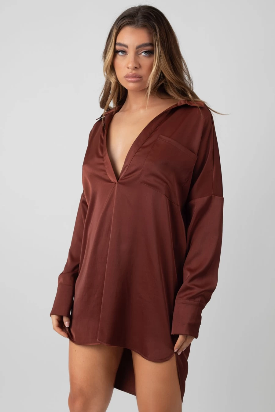 "Public Desire Women's Chocolate Satin Shirt Dress - Elegant Long Sleeve Midi Dress"